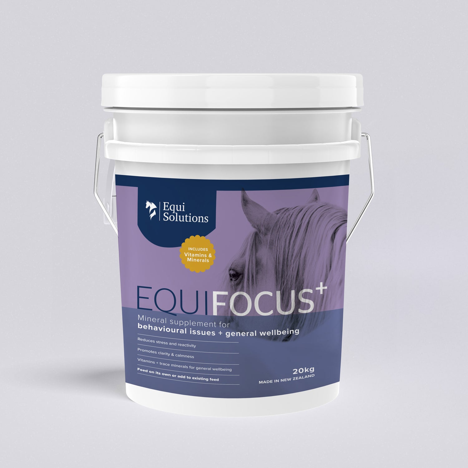 EquiFocus Plus 20kg bucket. Premium New Zealand equine mineral supplement for calmness and focus
