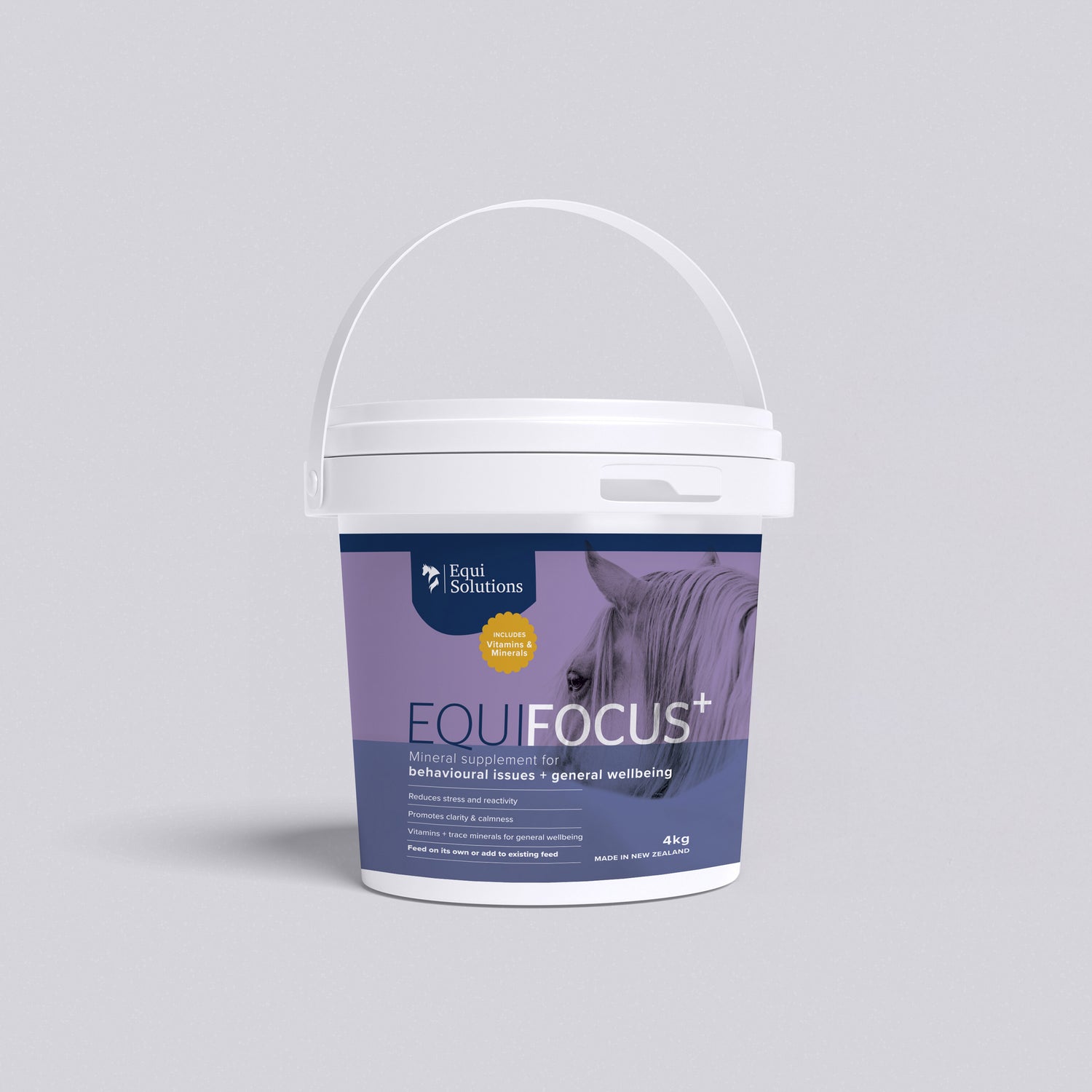 EquiFocus Plus 4kg bucket. Premium New Zealand equine mineral supplement for calmness and focus