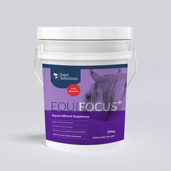 EquiFocus Plus 20kg bucket. Premium New Zealand equine mineral supplement for calmness and focus