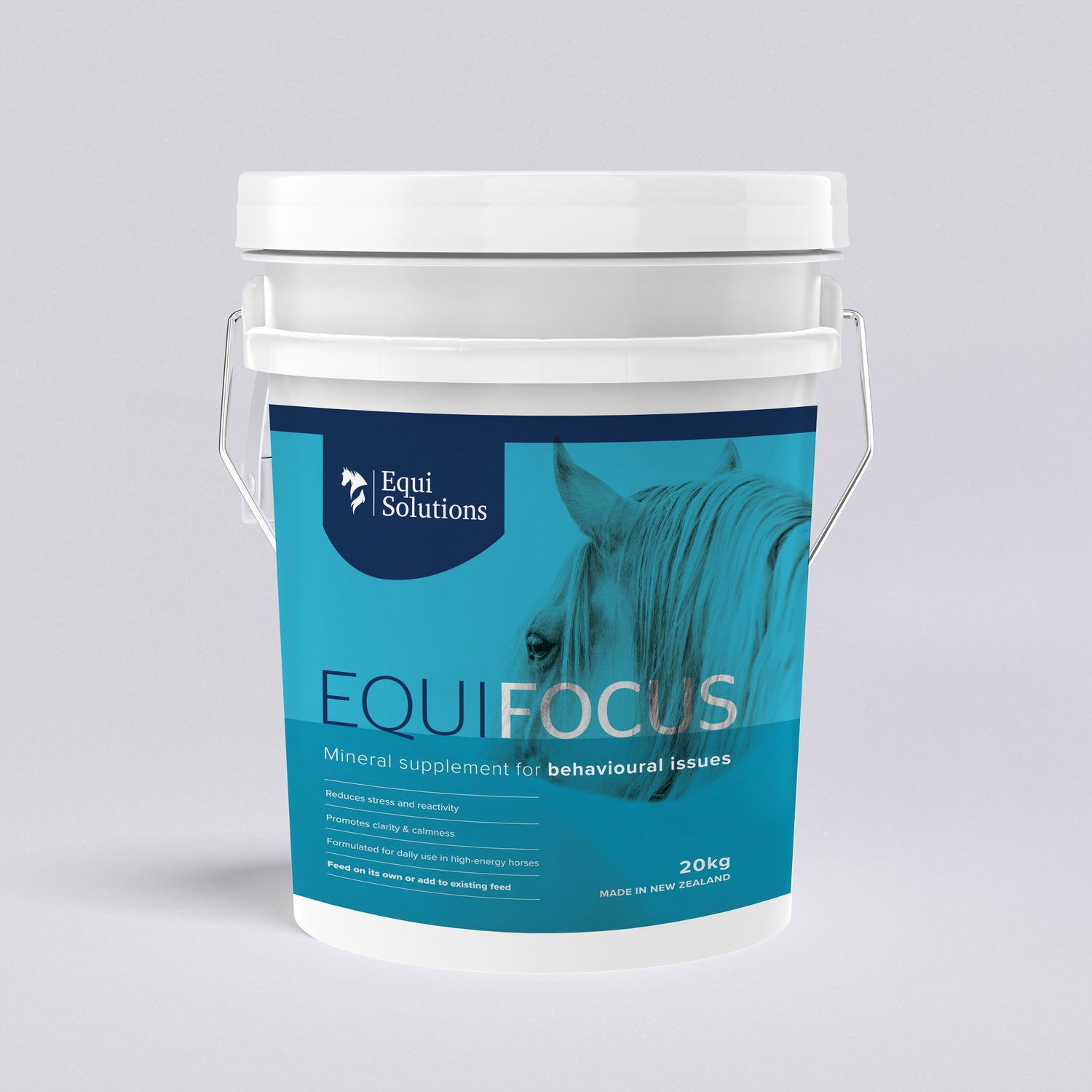 EquiFocus 20kg bucket. Premium New Zealand equine mineral supplement for calmness and focus